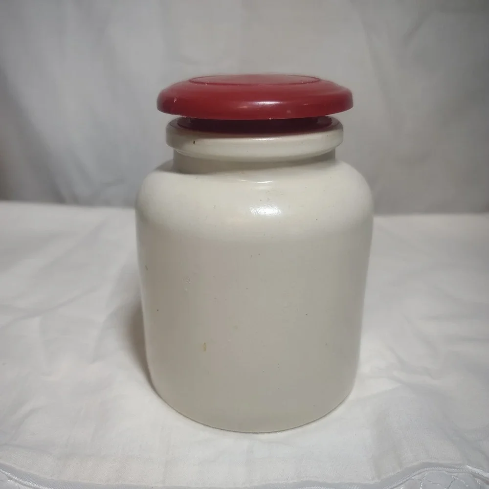 Vintage Stoneware Crock French Mustard Jar w/ Red Plastic Lid Salt Glazed Sturdy